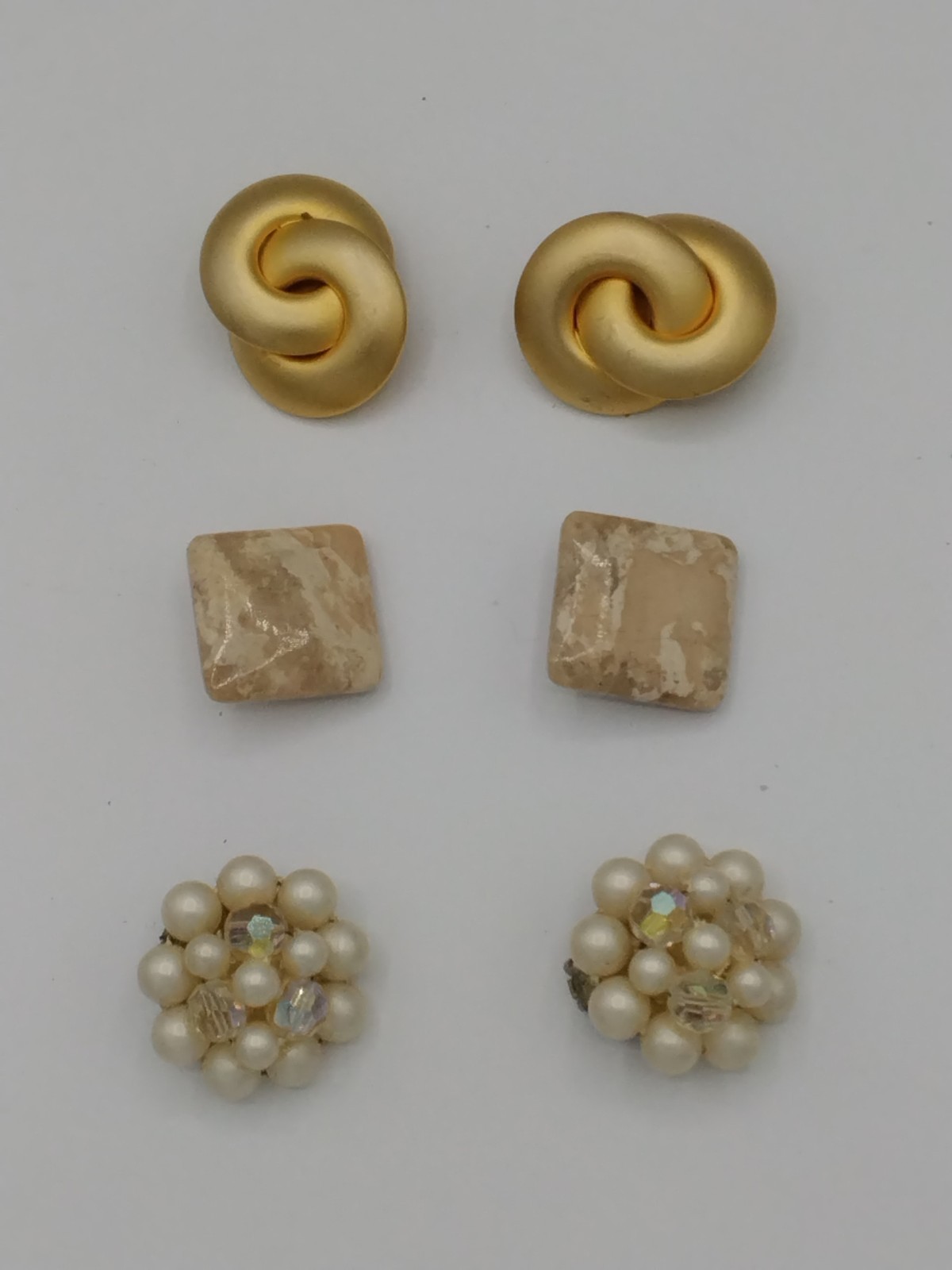 Vintage 1980s Clip On Earrings Lot 3 Pairs Faux Pearl Aurora Borealis Matte Gold