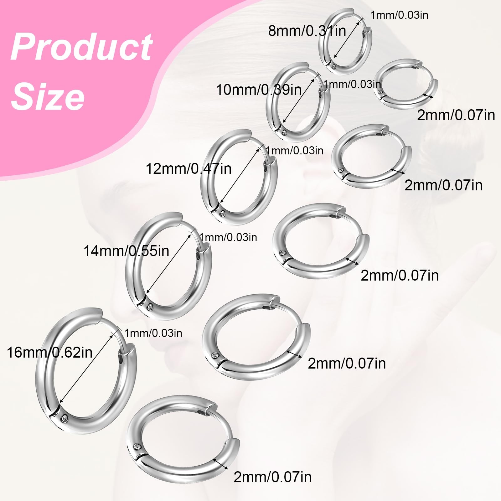 5 Pairs Solid Titanium Hoop Earrings 8mm, 10mm, 12mm, 14mm, 16mm, silver