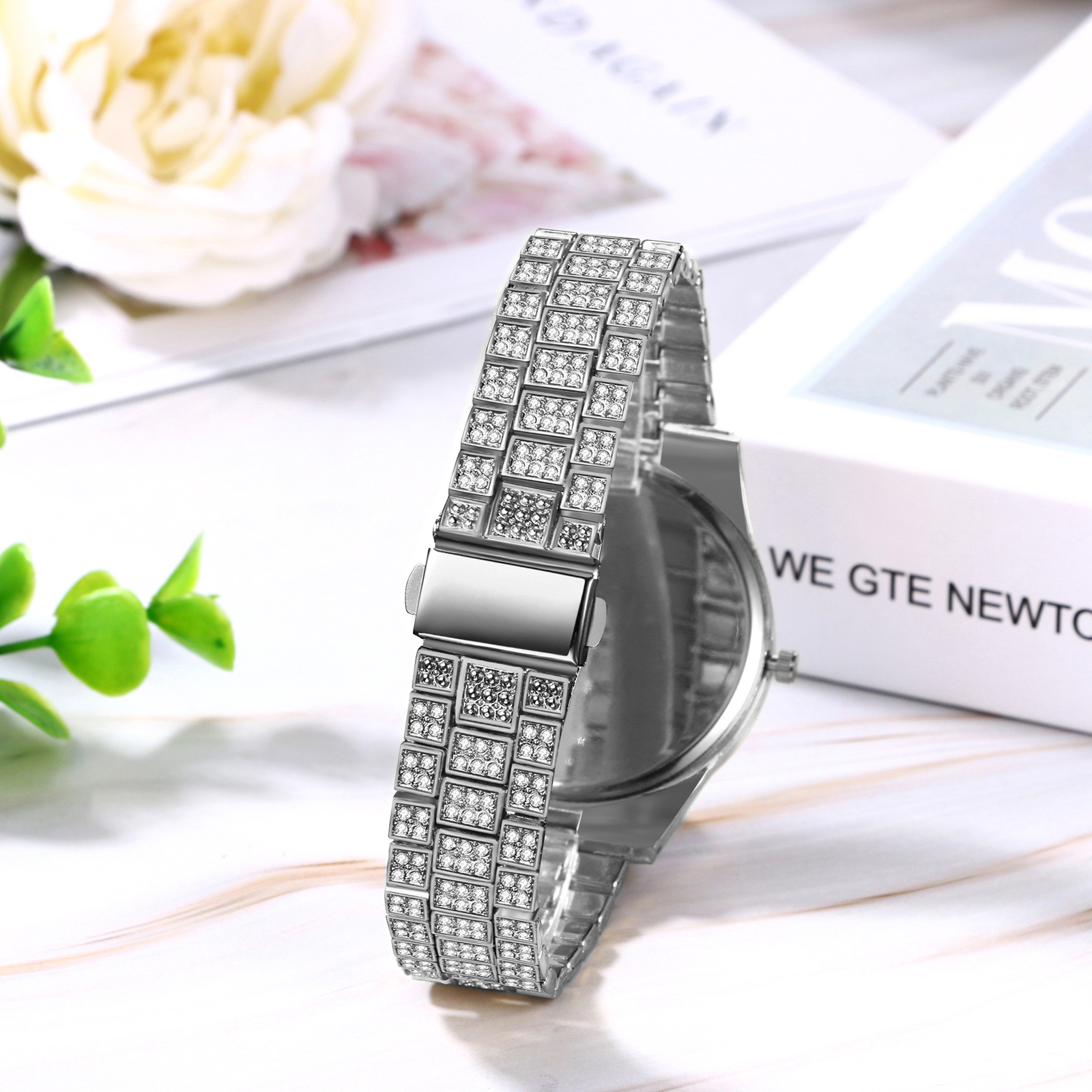 Hip Hop Men CZ Iced Round Stainless Steel Date Quartz Wrist Watch Cuban Bracelet