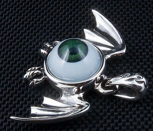 Silver Green Eyeball Gothic Wings Pendant