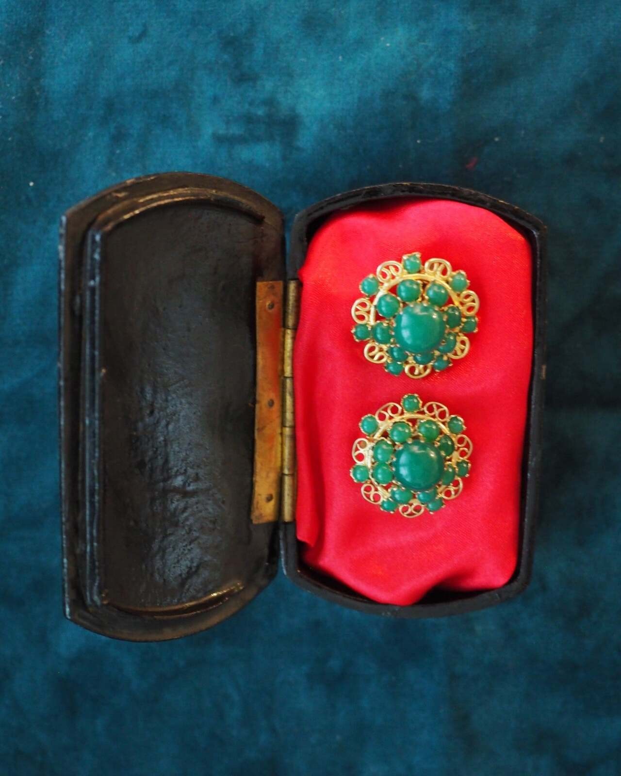 Mid-Century Gold-Tone Filigree Green Cabochon Clip-On Earrings