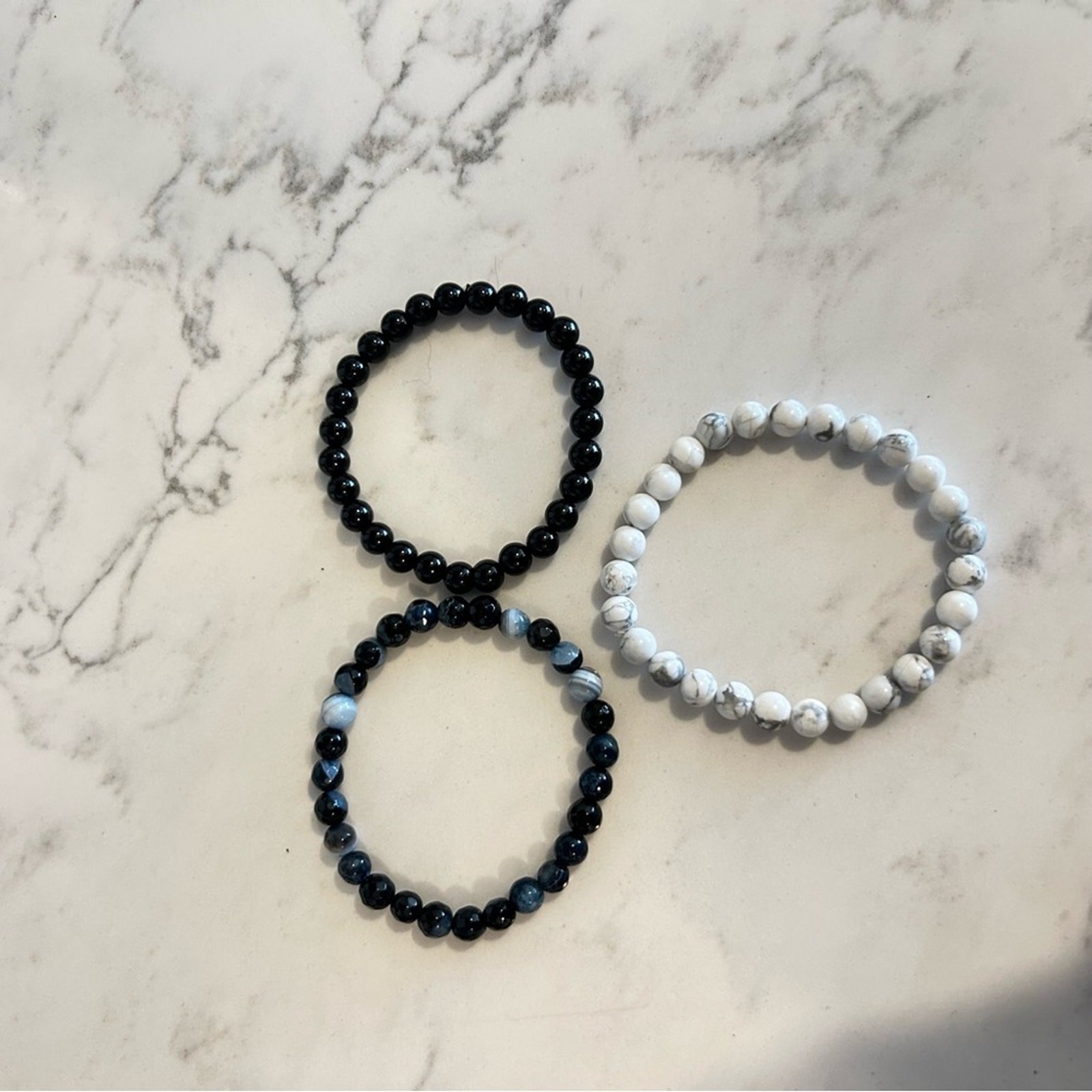 Trio of Beaded Bracelets Black Gray White