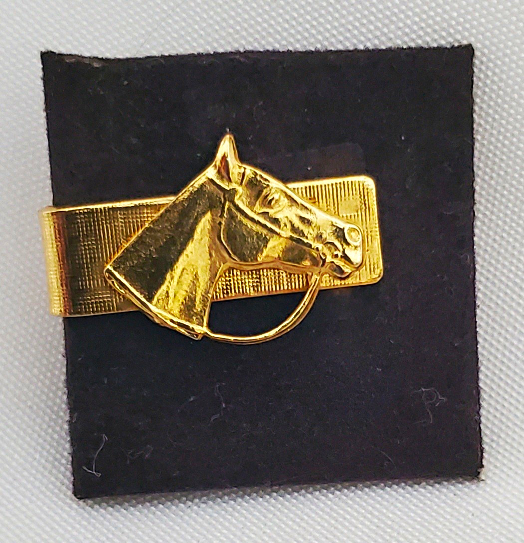 Vintage Gold Tone Horse Head Tie Tack Pin Equestrian Western Mens Tie Clasp Mint