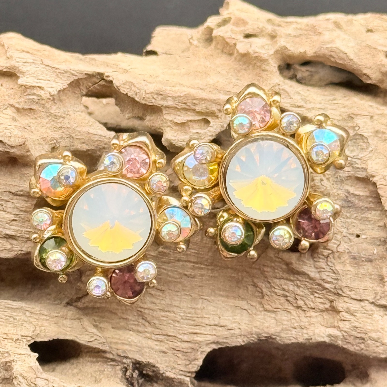 Signed Beatrix BJ Faux Opal AB Rhinestone Gold Tone Clip On Earrings Vintage