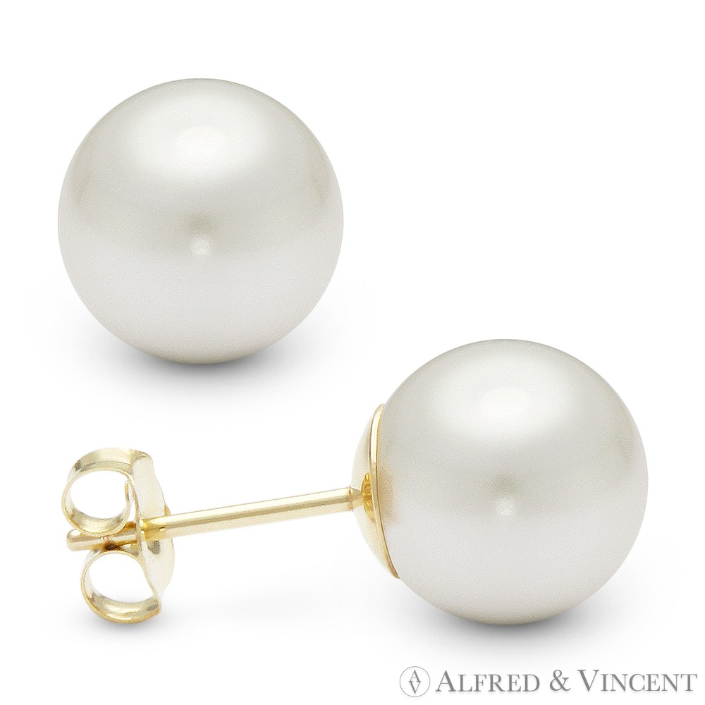 Cream White Cultured Freshwater Pearl Pushback Stud Earrings in 14k Yellow Gold