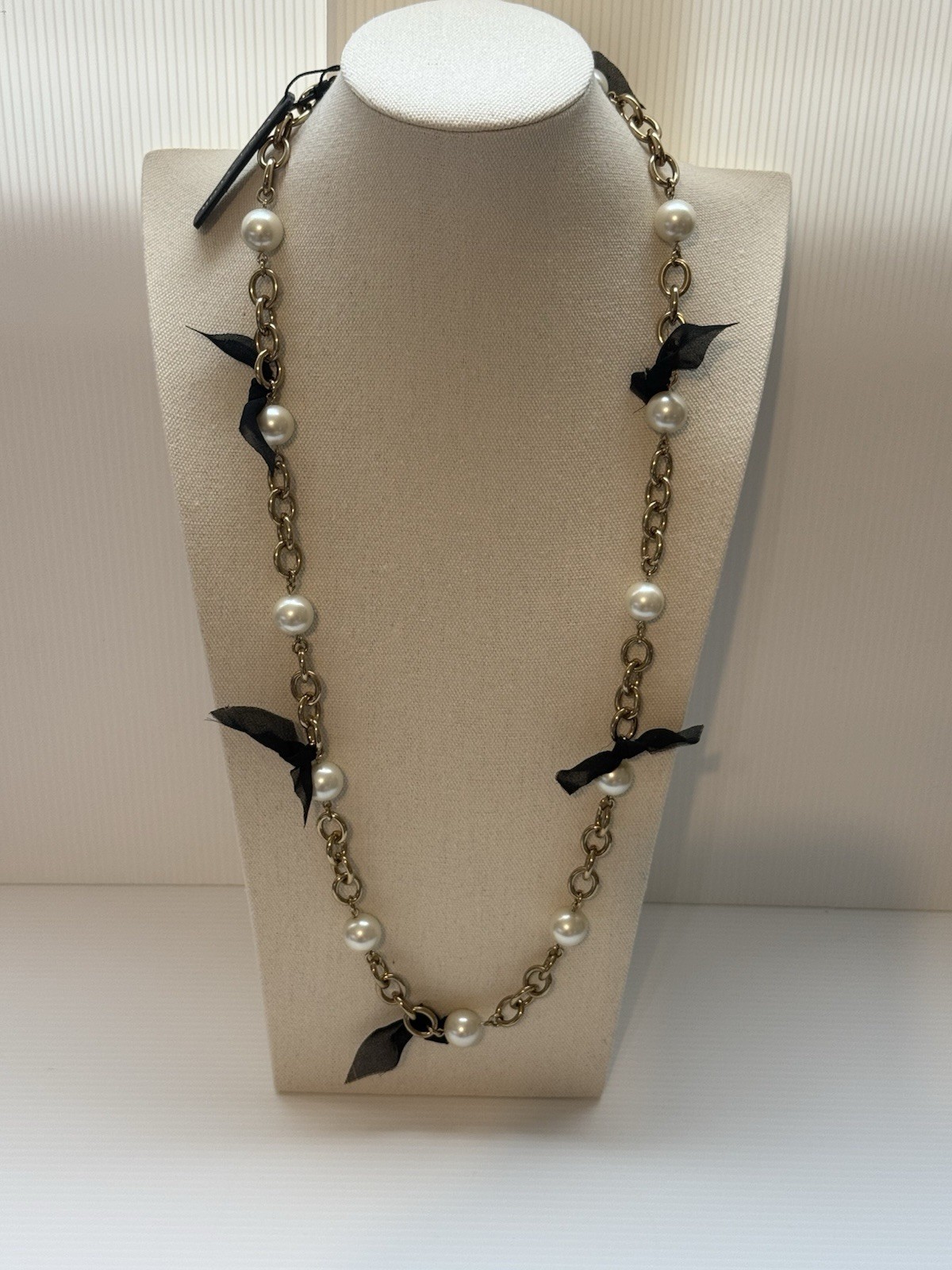 90’s Ann Taylor NWT Statement Necklace Chain Pearl Ribbon Heavy Chunky 33.5” L