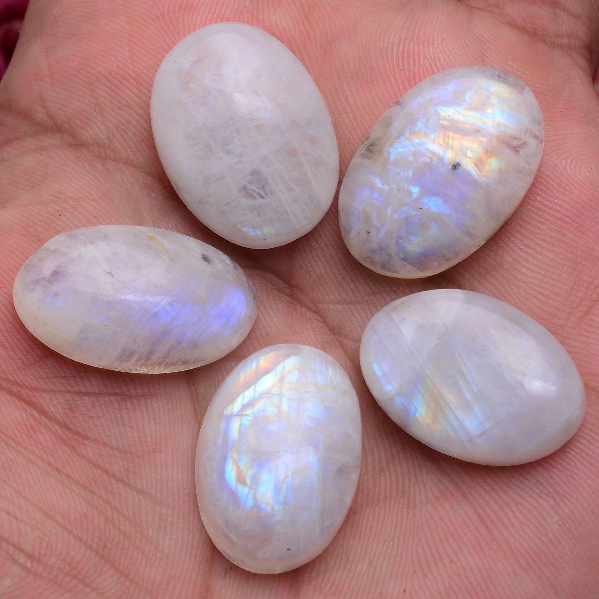 5 Pcs Natural Rainbow Moonstone 23mm-25mm Oval Cabochon Untreated Huge Gemstones