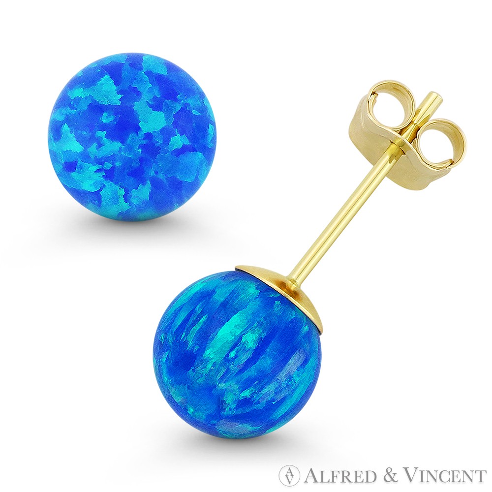 Fiery Pacific Blue Synthetic Opal Ball Pushback Stud Earrings in 14k Yellow Gold