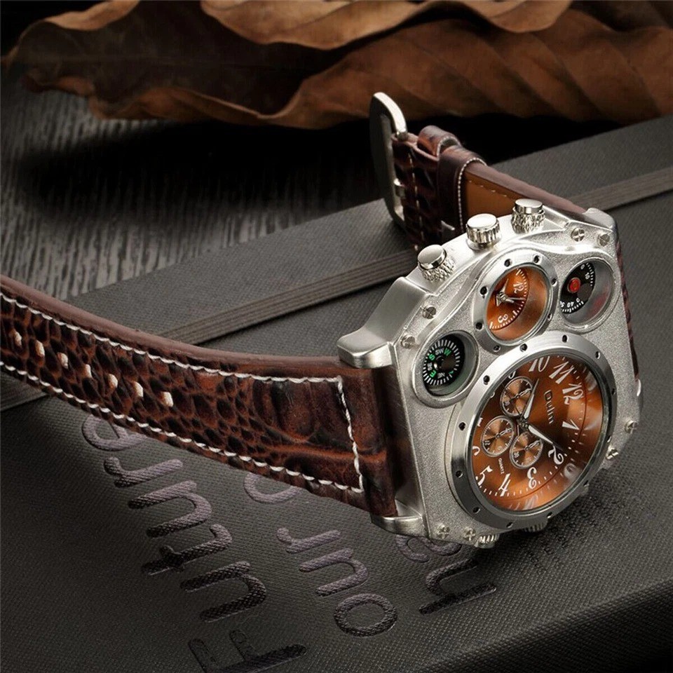 Two Time Zones Men Army Sports Fashion Big Dial Leather Strap Quartz Wrist Watch