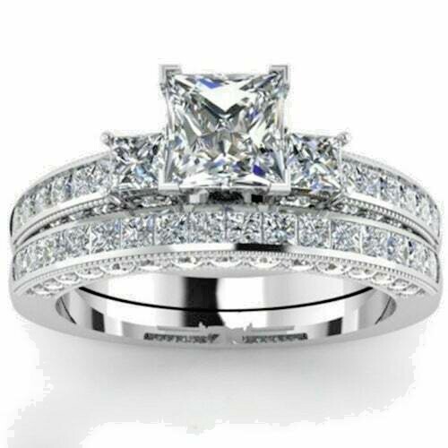 Ring; 2 pcs 14k White Gold Filled 925 Sterling Silver Simulated Diamonds Size 8