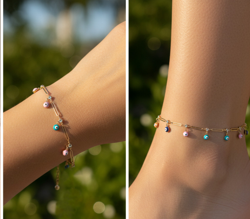 Boho Colorful Evil Eye Anklet Gold Plated Designer Dainty Charm Chain Jewelry