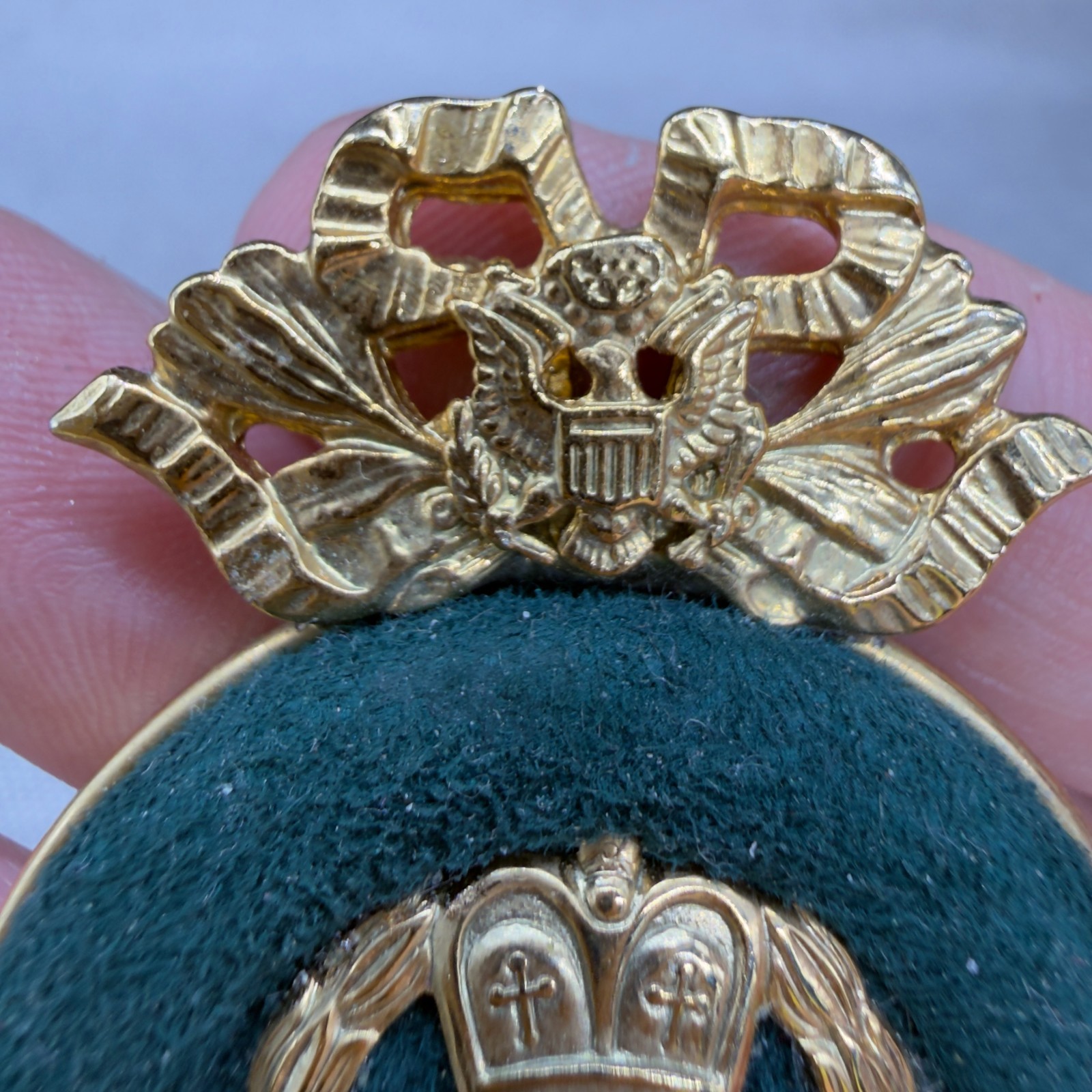 Vintage Brooch French Coat of Arms Green Suede Gold Tone Heraldic Ribbon