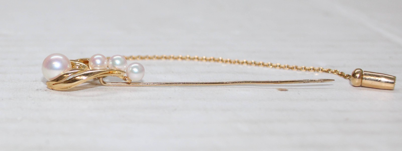 18K Gold & 4 Pinkish Pearls Stick Pin / Brooch 3.3 Grams 3 1/2″ Long