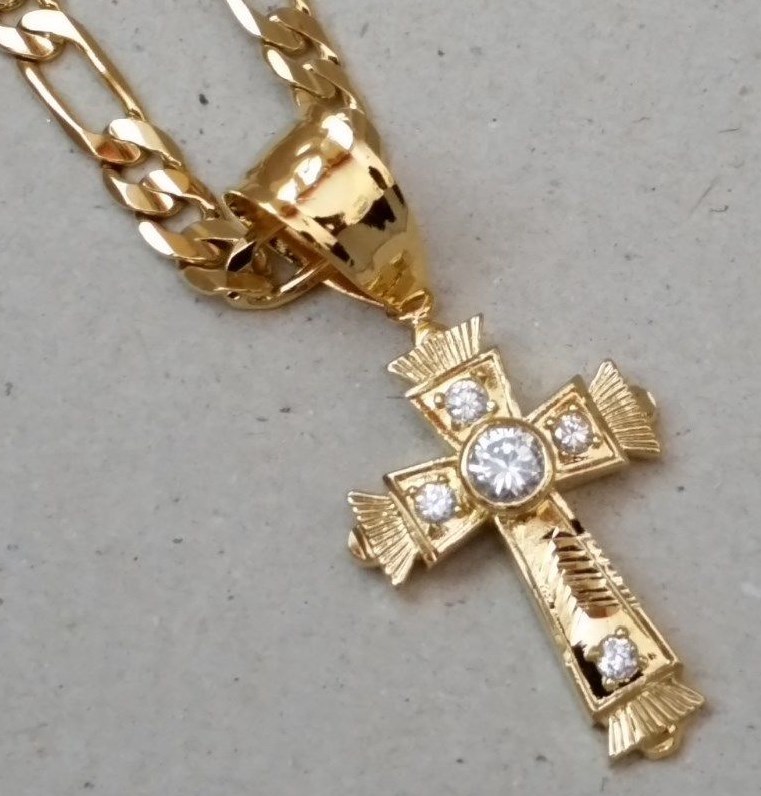 Men’s Yellow Gold Plated 30in 8mm Wide Figaro Chain & 5 CZ Cross Charm Set New