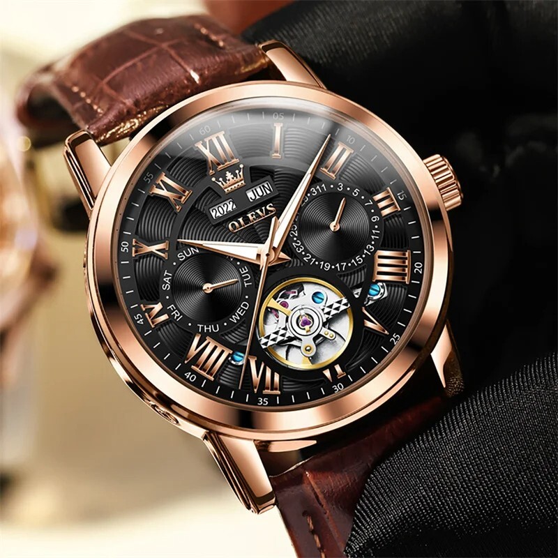 OLEVS Watch Automatic Mechanical Waterproof Luxury Men Men’s Date Leather Strap