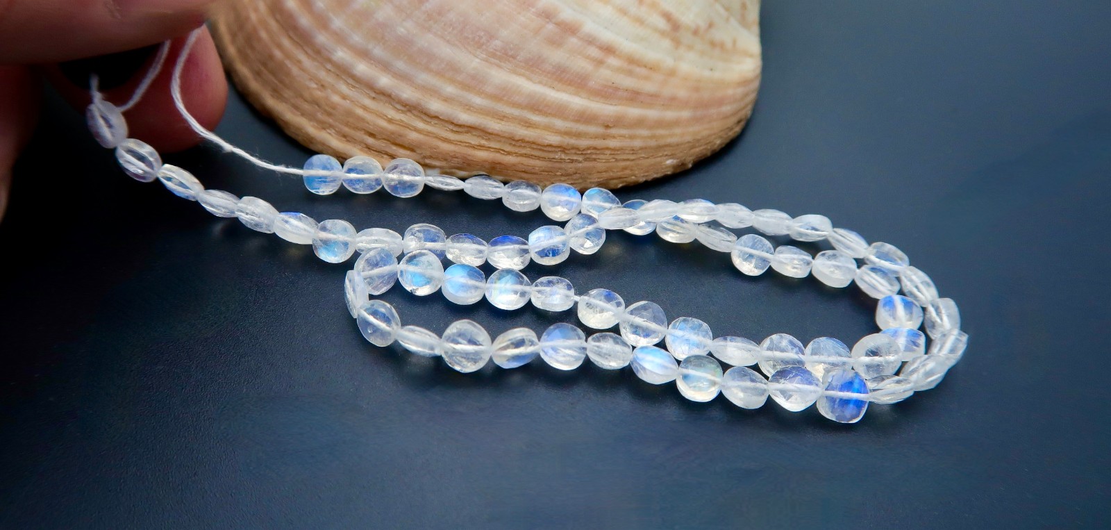 FULL STRAND STUNNING AAAA BLUE TEAL FALSH MOONSTONE 4.3-4.6mm FACETED COIN BEADS