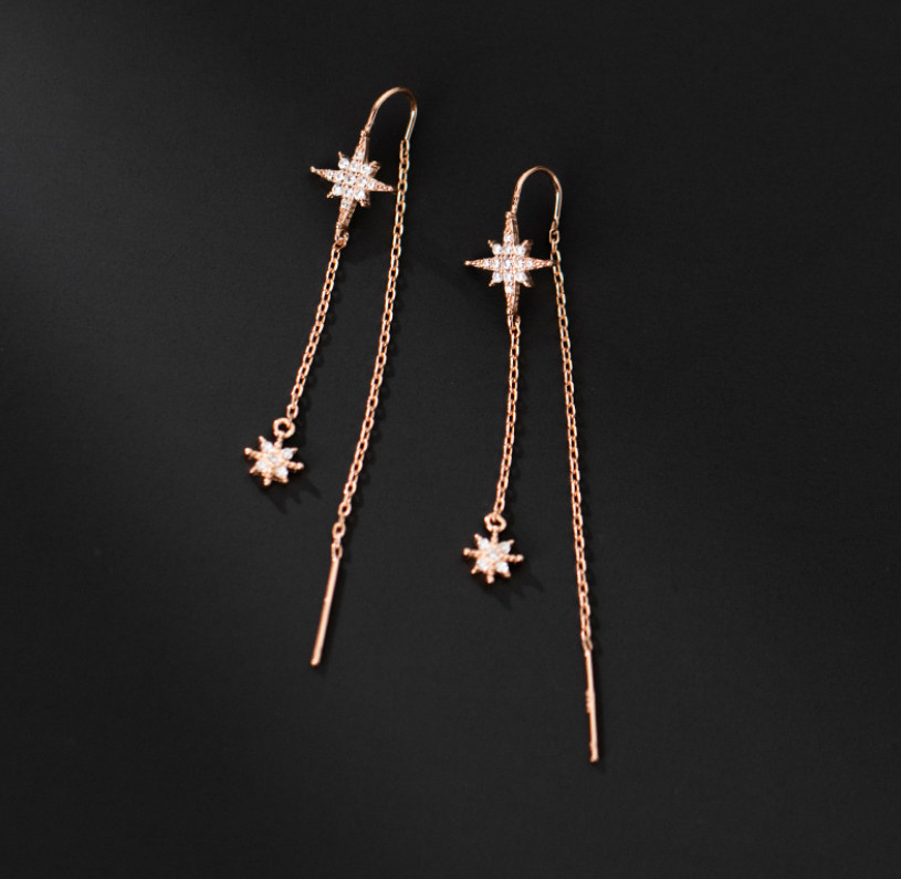Women Solid Sterling Silver Hanging Bar Snowflake Threader CZ Earrings Gift PE48
