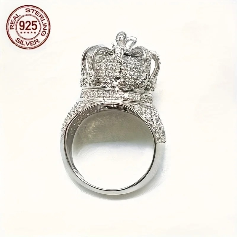 Luxury Iced Out Crown Ring 925 Sterling Silver Men’s Pinky Hip Hop Vintage CZ
