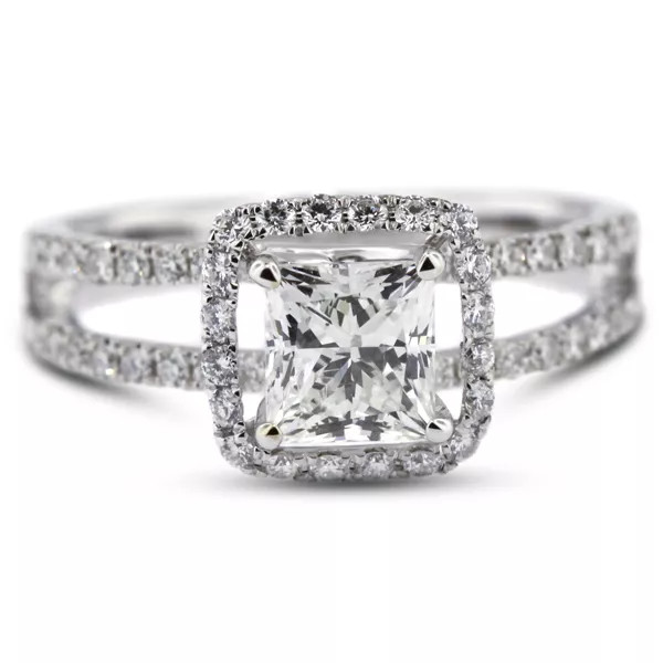18K White Gold Engagement Ring Halo 1.60 Carat Princess Lab-Grown Diamond E SI1