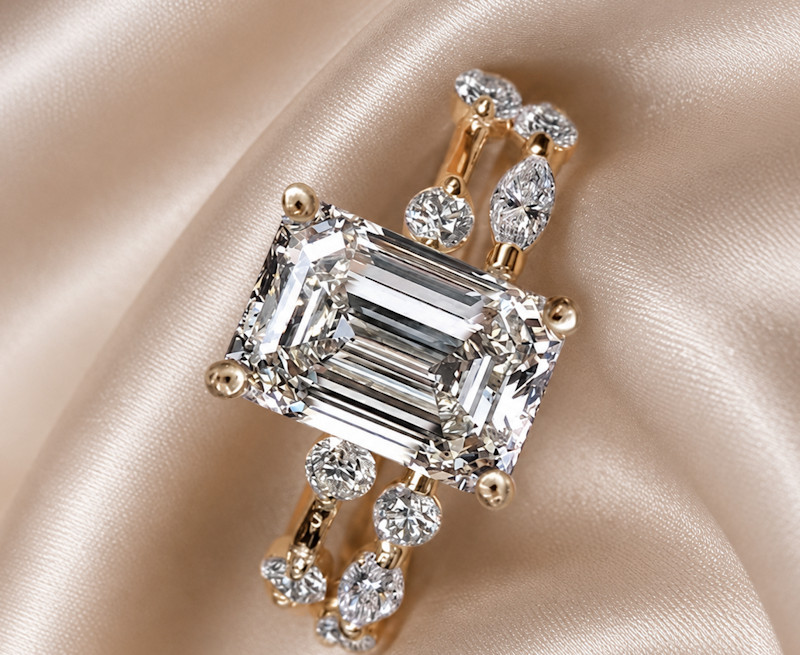 18K Yellow Gold IGI Lab Grown Diamond Wedding Ring Band Set 4.80 CT Emerald Cut