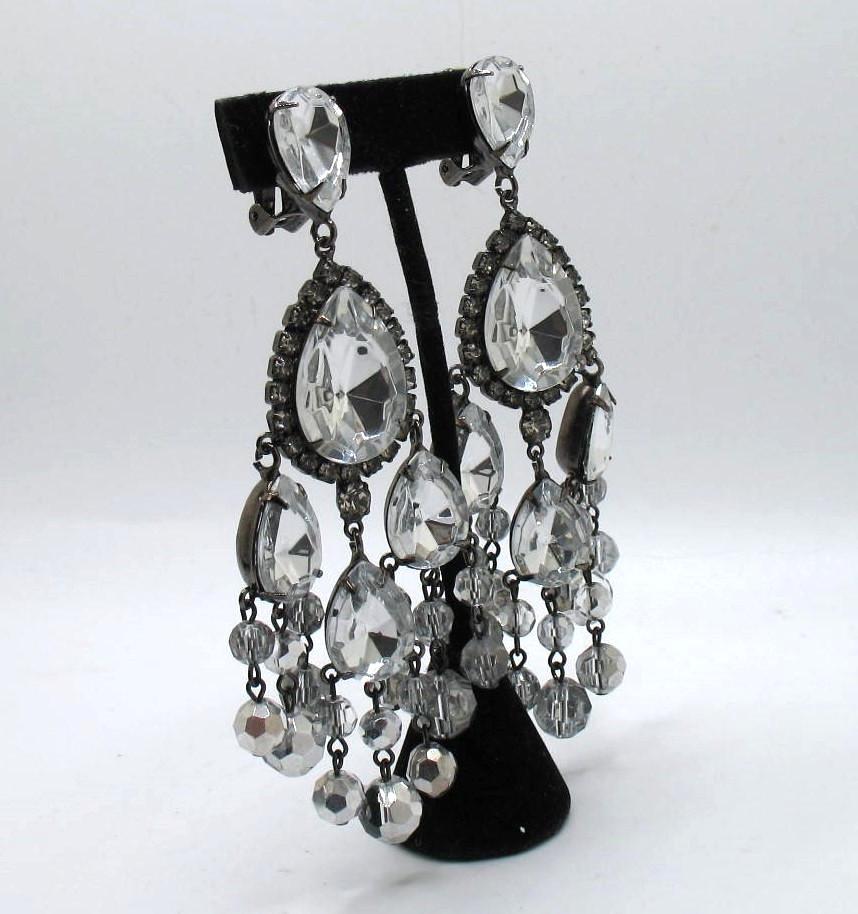 Vintage RJ Graziano clip statement chandelier rhinestone & crystal bead earrings
