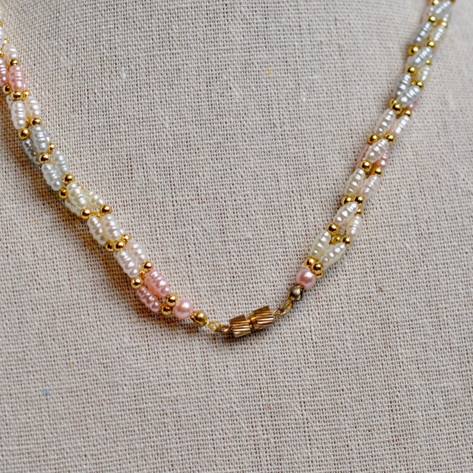 Necklace Color White Gold Pink Beaded 12” Long with Gold Tone Clasp