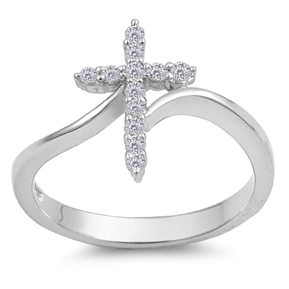 Sterling Silver Woman’s Clear CZ Cross Ring Unique 925 Band 15mm New Sizes 3-13