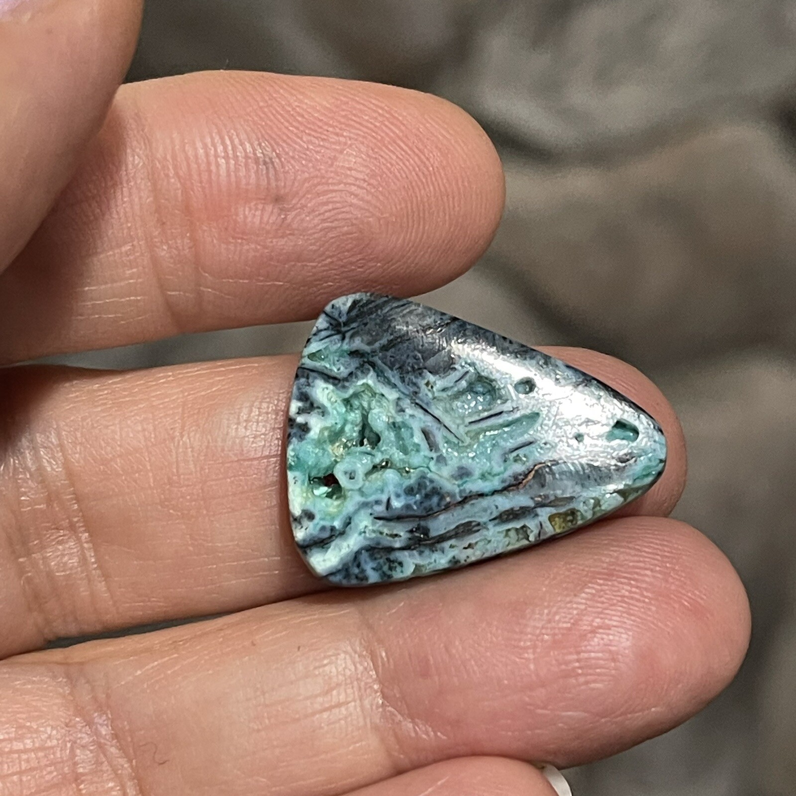 13.7ct 25×19.4×4.4mm Blue Opalized Wood Chrysocolla Triangle Cabochon Stone