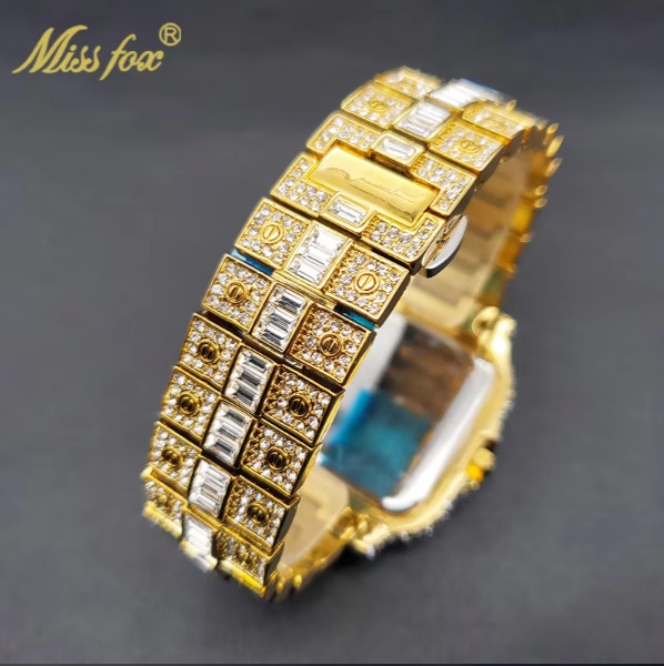 Arabic Hip Hop Ice out Luxury Men Watch Iced King Bling Gold Baguette Cz Diamond