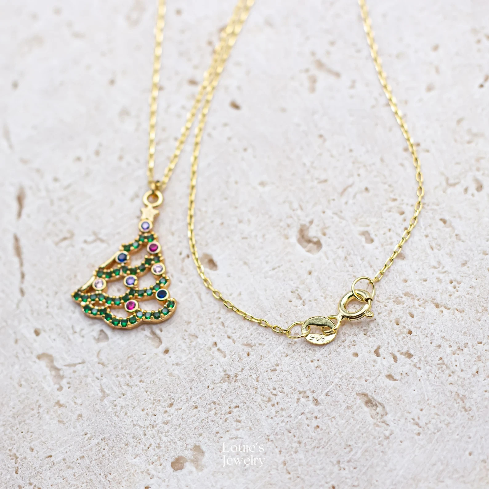2 Ct Round Simulated Multi Stone Christmas Tree Pendant 14K Yellow Gold Plated