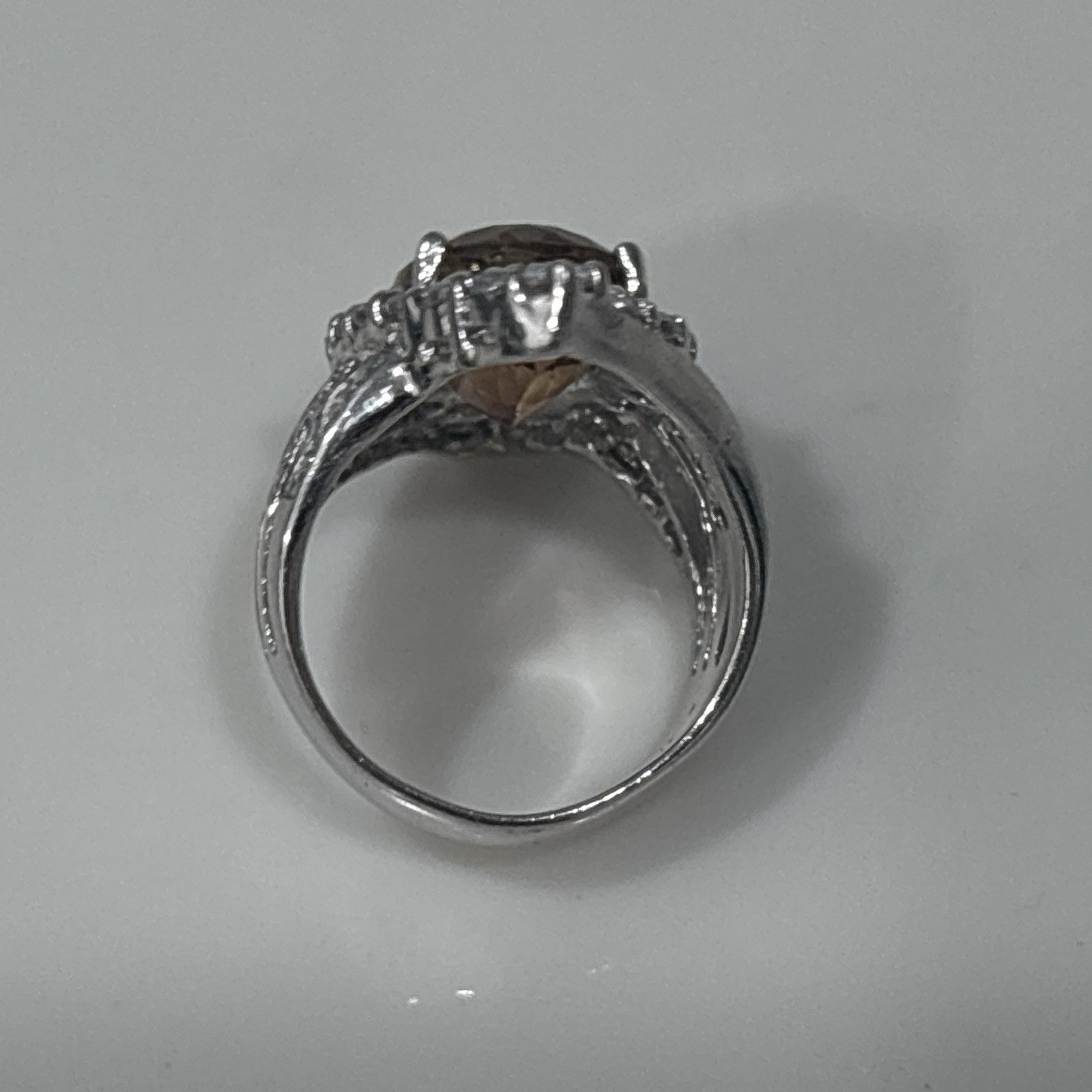 Sterling Silver Ring Statement Cocktail Brown Orange Stone CZ Split Shank 6.5