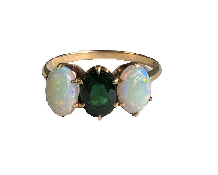 Antique Trilogy Ring Vibrant Opals and Deep Green Center Stone 10k Gold Superb!