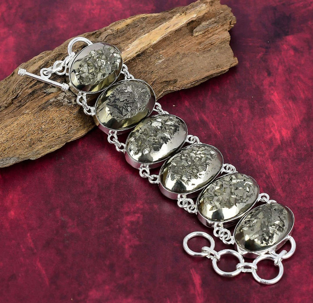 Golden Pyrite Druzy Gemstone Jewelry 925 Sterling Silver Chain Bracelet For Gift
