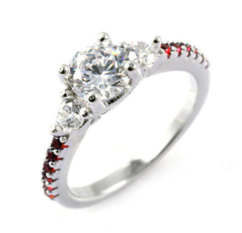 Thin Red Line Engagement Ring Sterling Silver Round 6.5mm CZ Red Ac 5 6 7 9 10