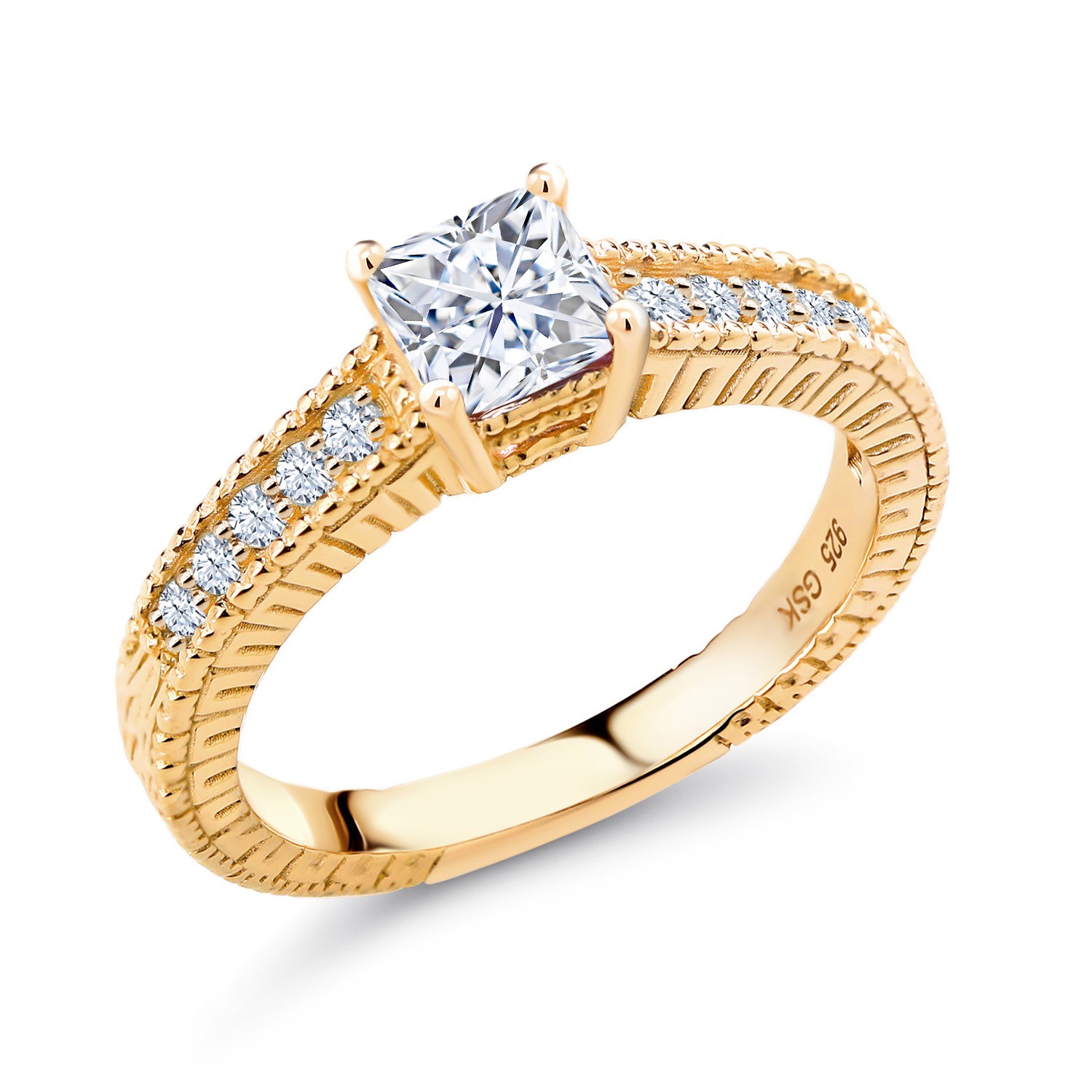 18K Yellow Gold Plated Silver White Moissanite and White Created Sapphire