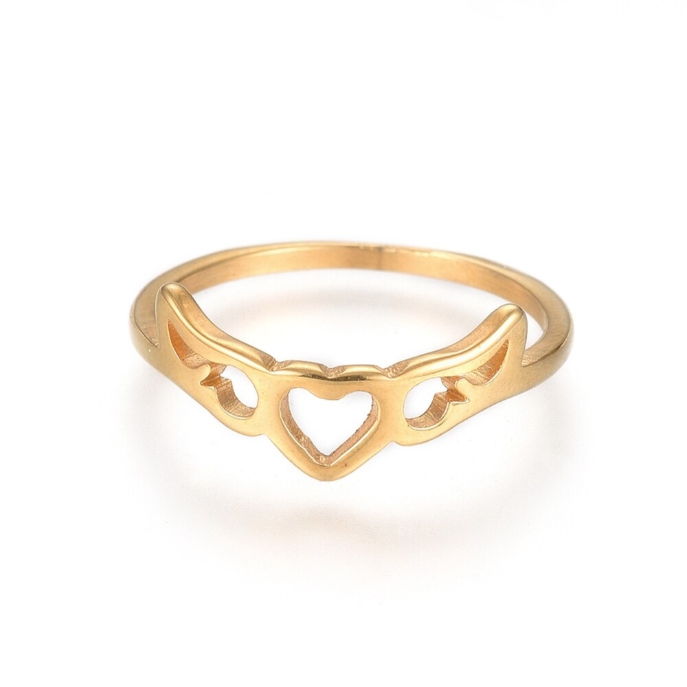 304 Stainless Steel Finger Rings Heart Wing Gold Size 5~8 15~18mm Z683