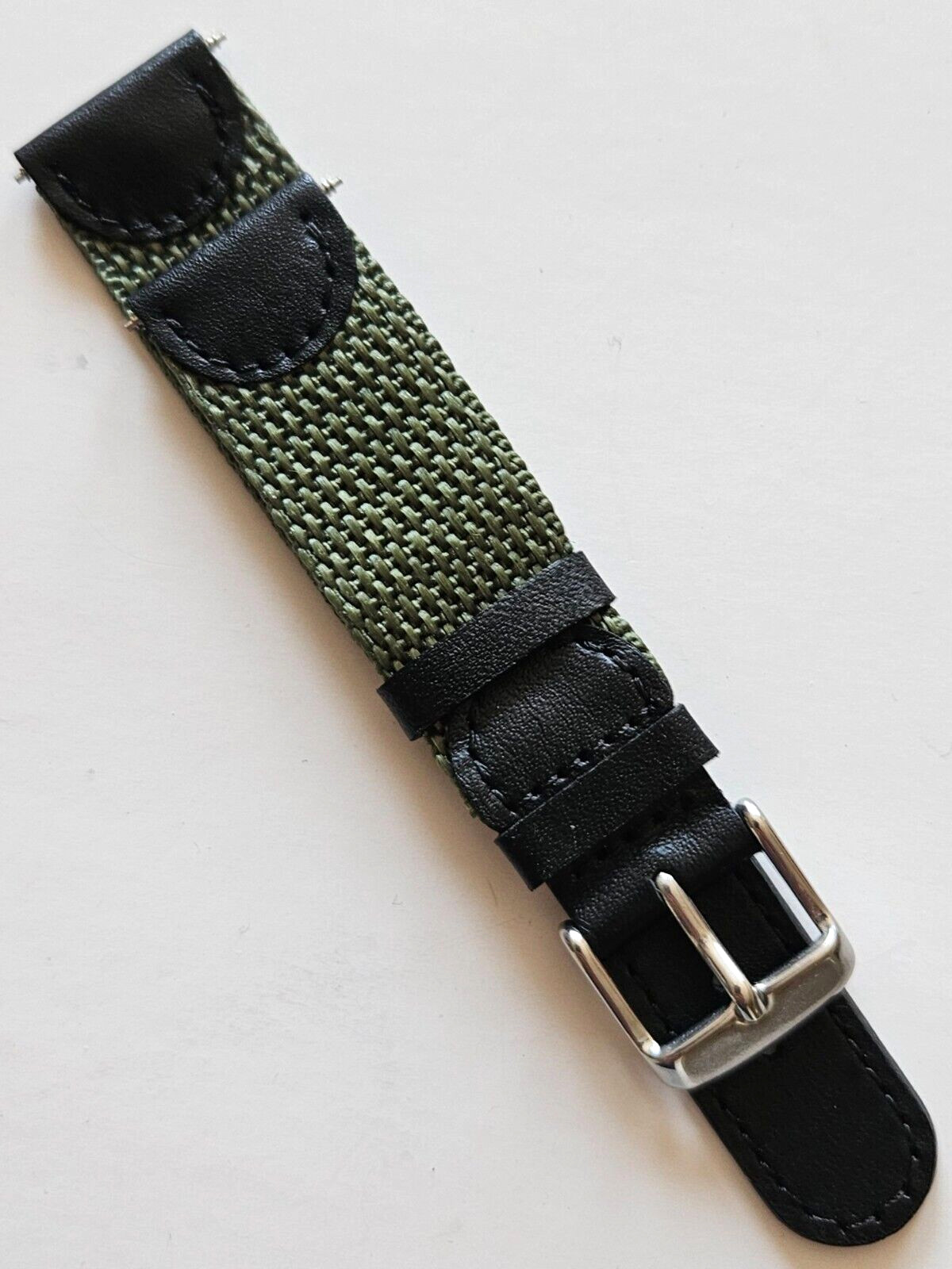 19mm – Swiss Army Style Black & Green Leather / Nylon Sports Watch Band