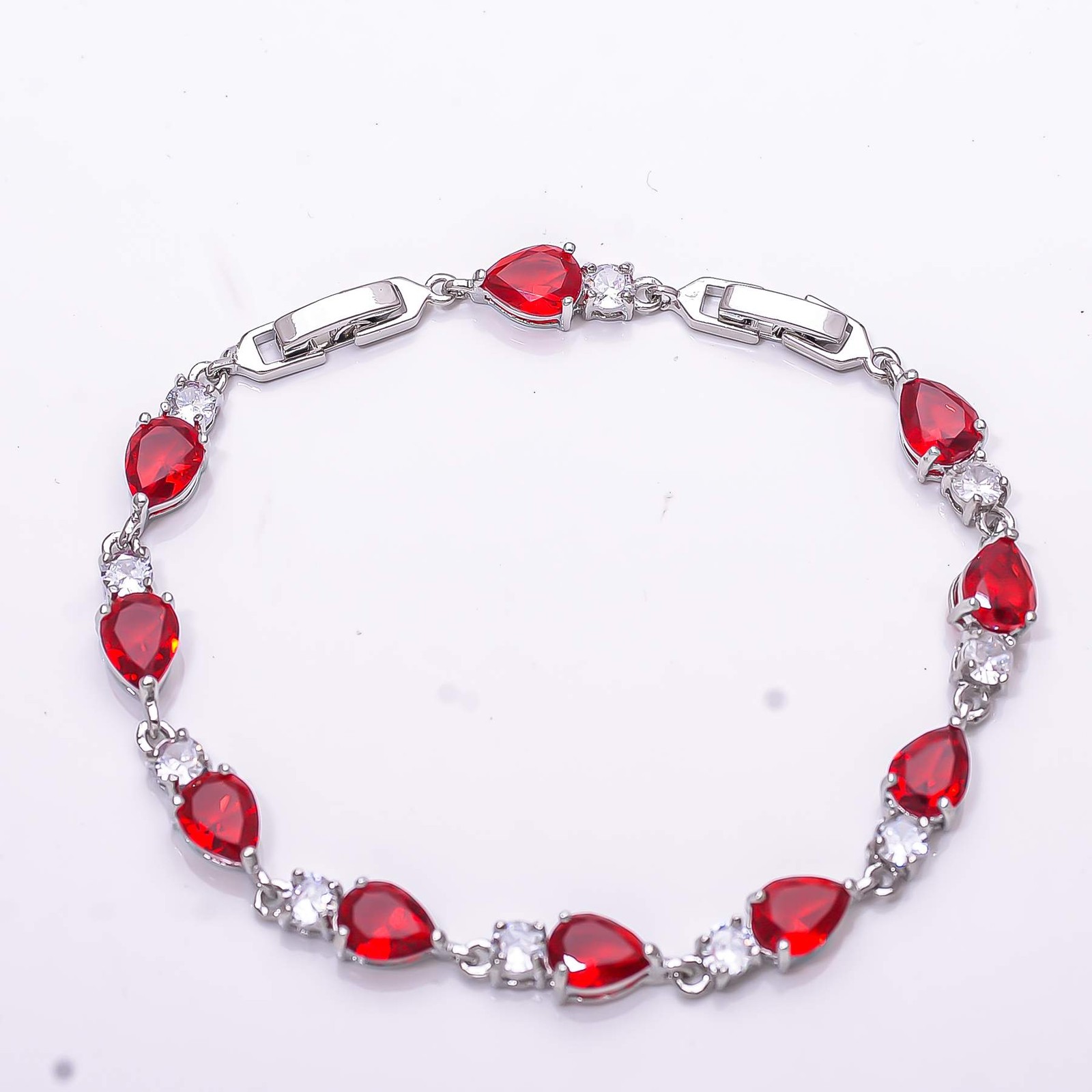Red Garnet & Cubic Zirconia 925 Sterling Silver Tennis Bracelet 7.99″ B13