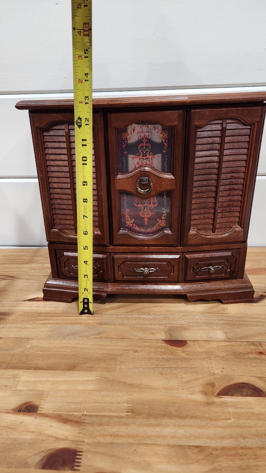Wood Jewelry Box Table Top Velvet Lined Drawers 13″ X 14″ Vintage Taiwan