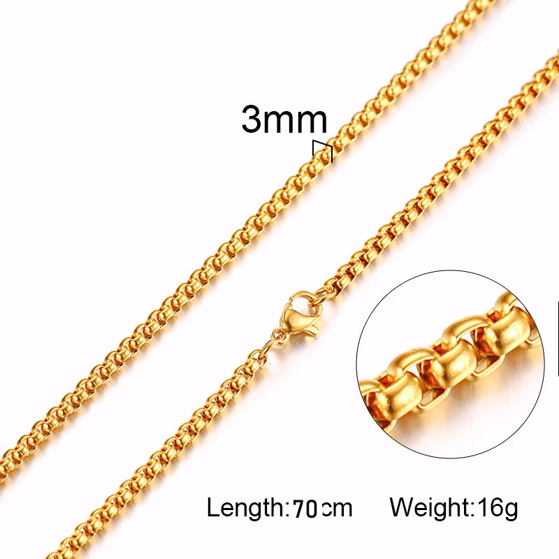 Round Box Chain for Men Boys,Gold Silver Black Plated Stainless Steel Chain Coll