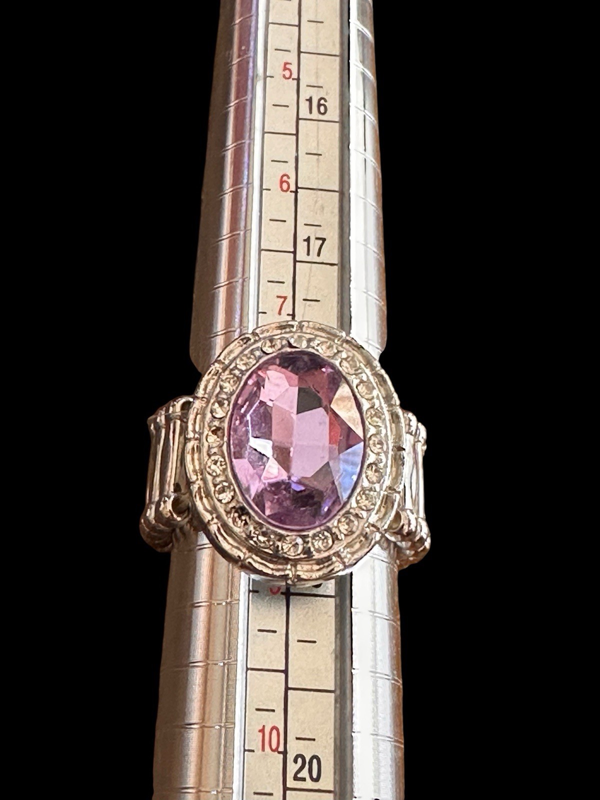 Faux Amethyst Faceted Rhinestone Silver Tone Statement Ring Adjustable Size