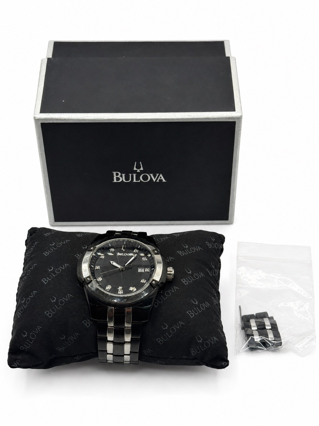 Bulova Stainless Steel Black With Diamonds Around Dial Black Face w/Original Box