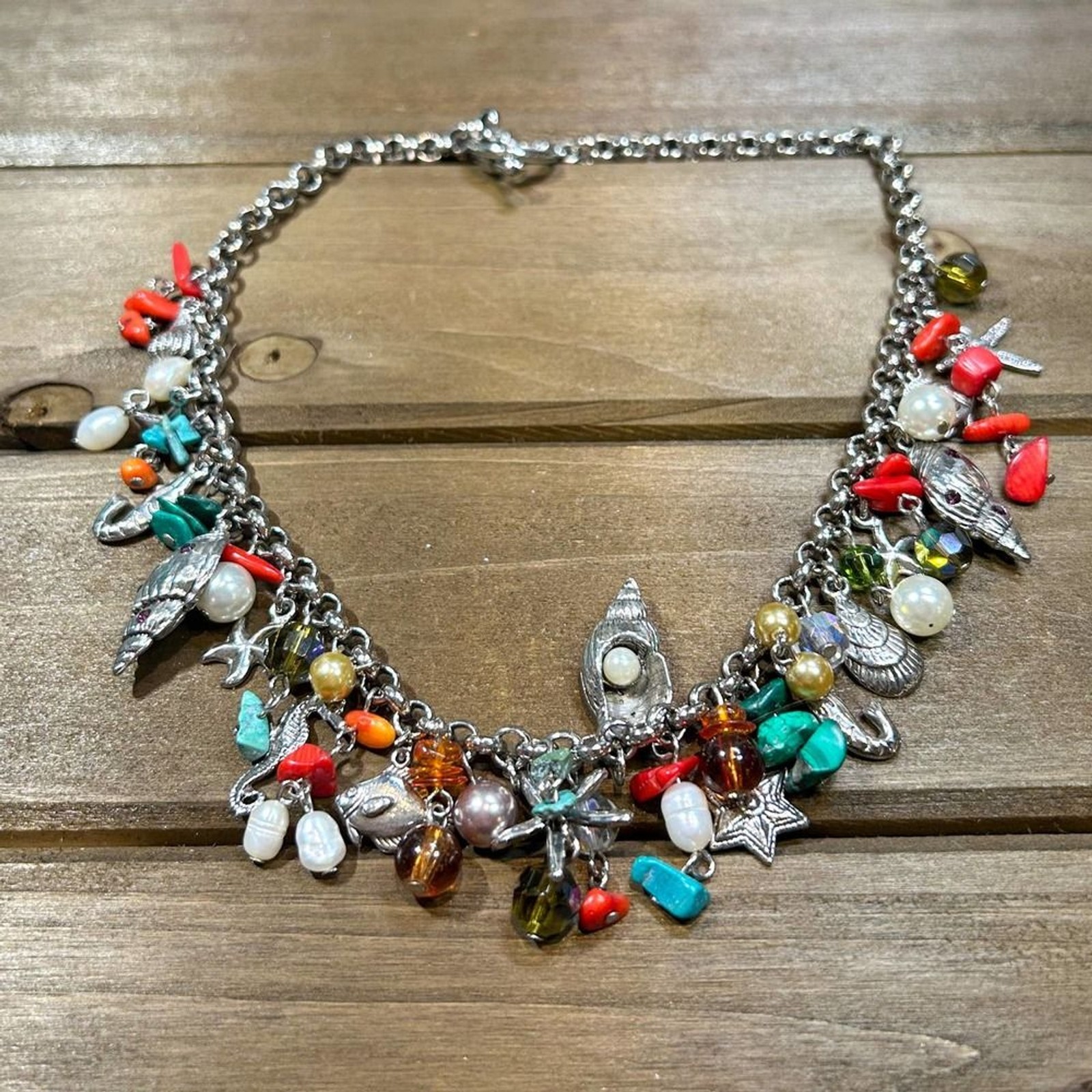 Choker Length Charm Necklace Beach Ocean Nautical Themed 15″ Shell Fish Pearl