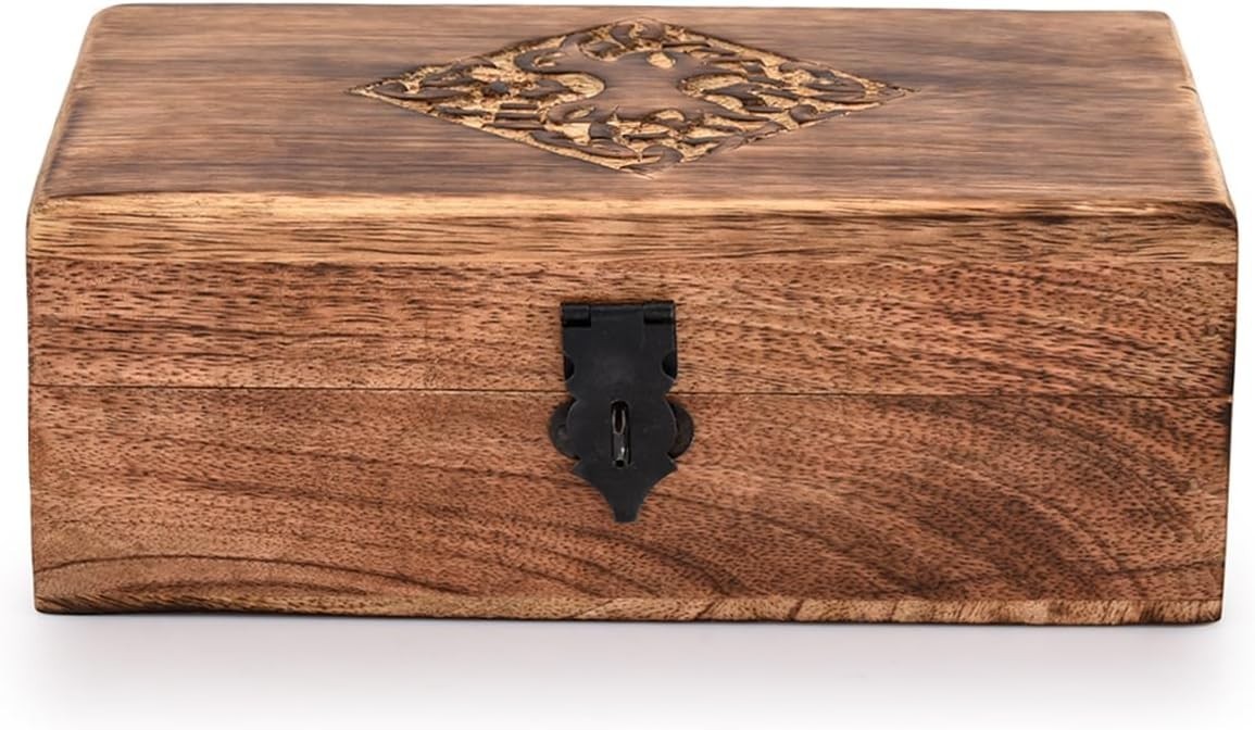 Polished Brown Jewelry Organizer – Handmade Keepsake Box with Celtic Engraving