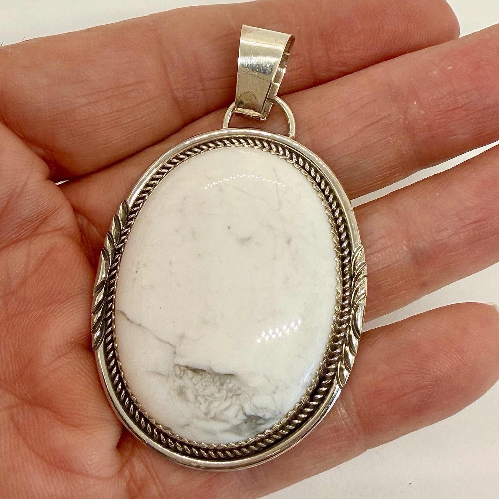 Navajo White Buffalo Turquoise Pendant Sterling 2.25″ Signed Dine Begay 22.4g