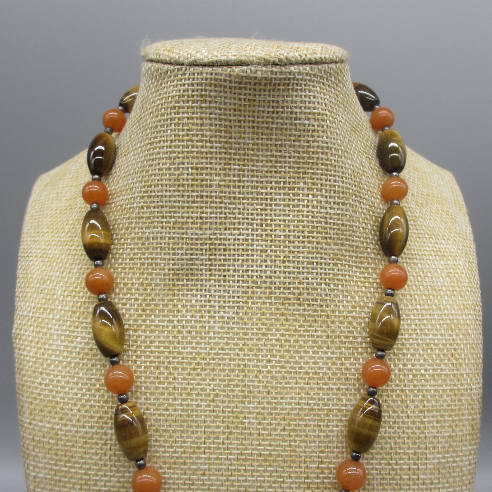Vintage Boho Necklace Beaded Orange Brown Stone Disk Pendant 20 Inch
