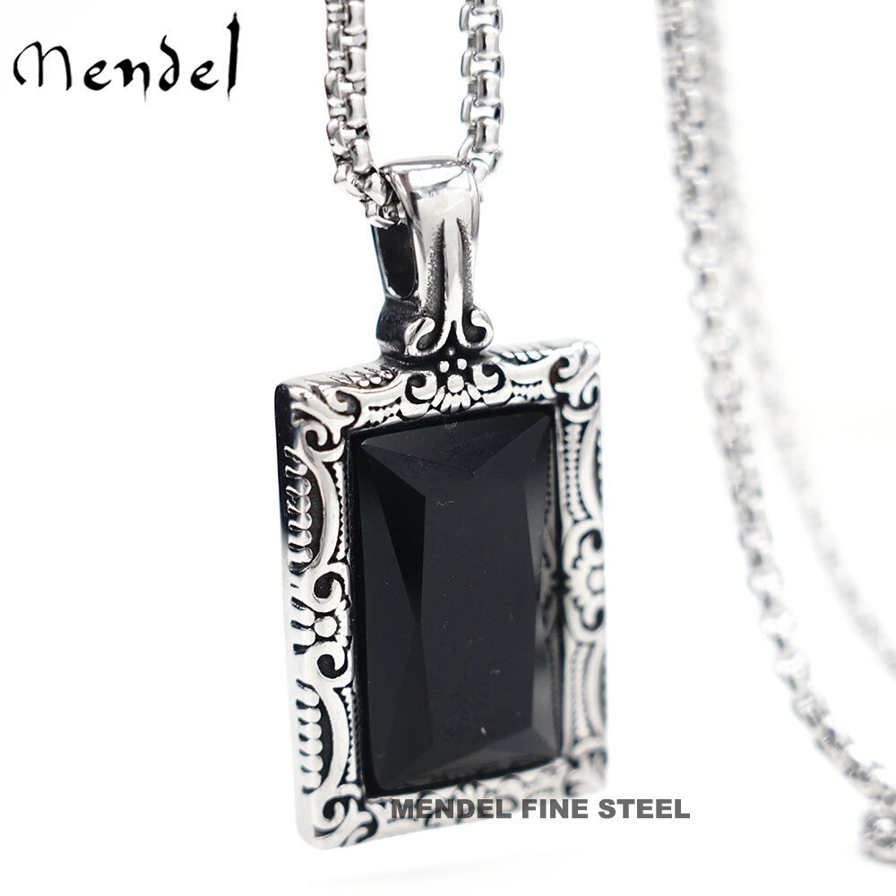 MENDEL Stainless Steel Mens Hip Hop Black Obsidian Stone Pendant Necklace Men