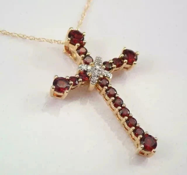 2.00Ct Round Cut Lab-Created Red Garnet Cross Pendant 14k Yellow Gold Plated
