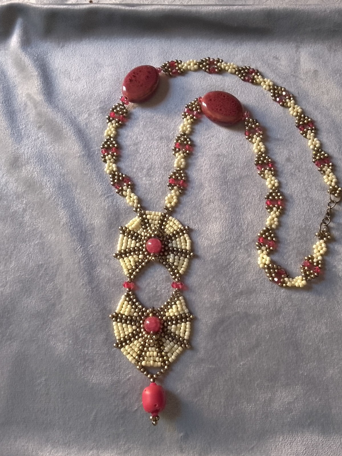 Unique Handcrafted Necklace Agate Stones Coral Bamboo Red Ethnic Long Pendant