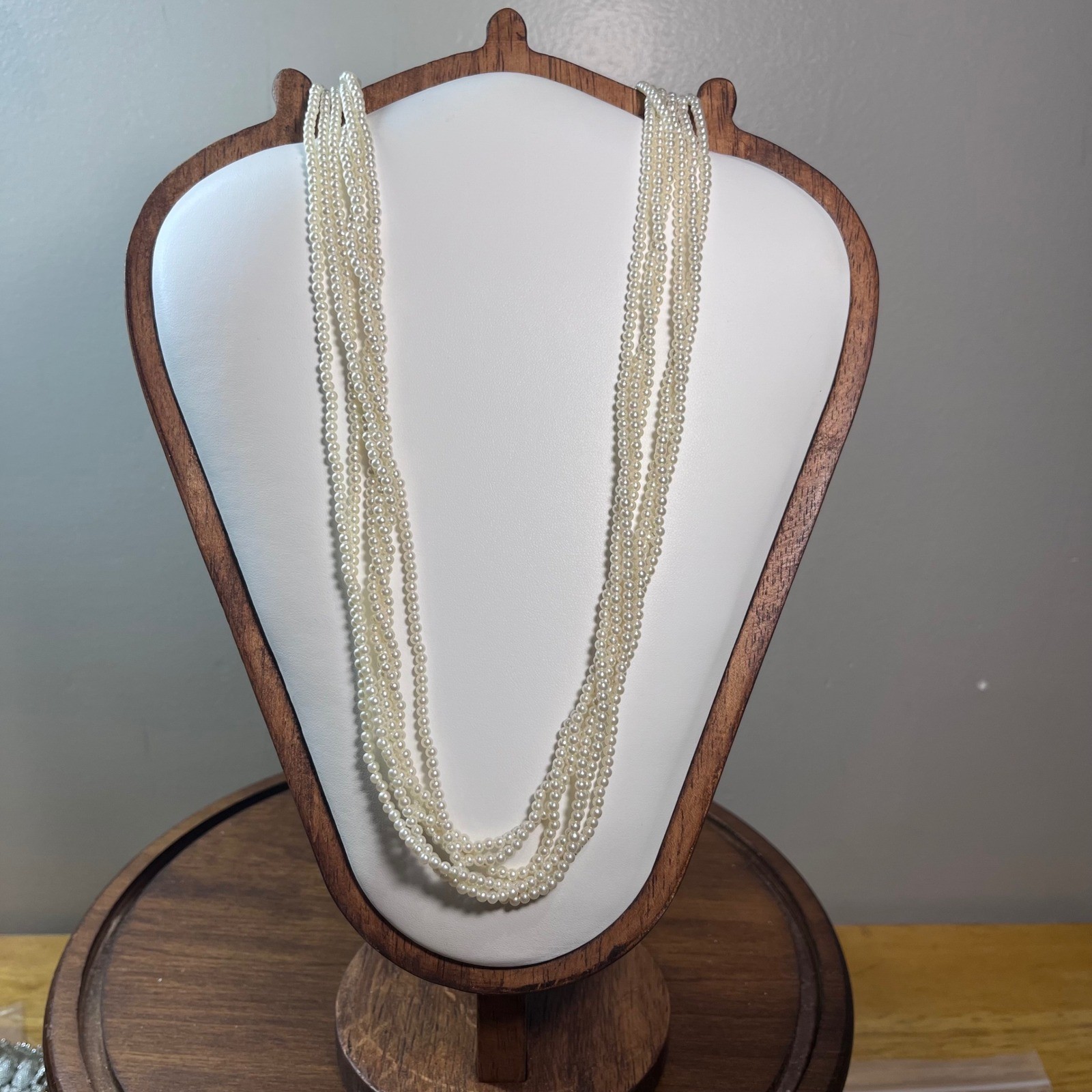 Vtg 3 Strand Faux Pearl Necklace Cream White Multi Strand Gold Tone Clasp 58 In.